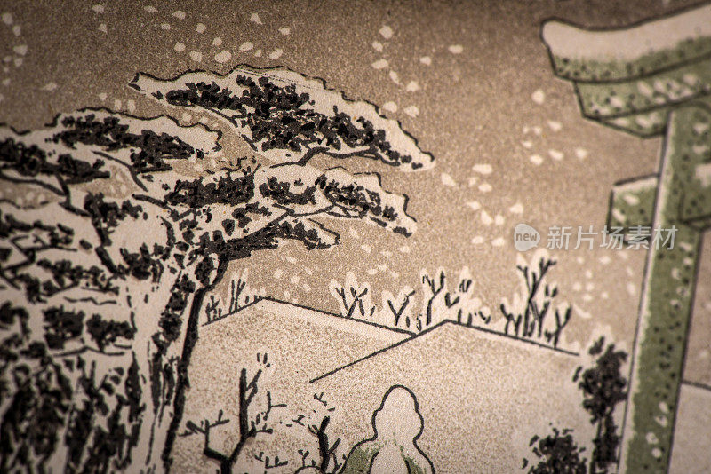 古代日本插画:京都石恩沙的神道寺大门，冬天，Hiroshige I
